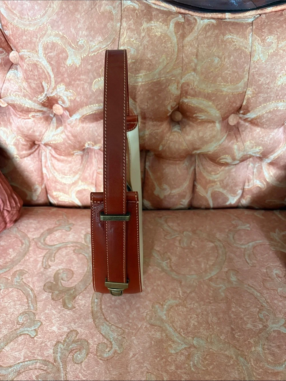 Cream & Tan Genuine Leather Crescent Shoulder with adjustable strap. NNT